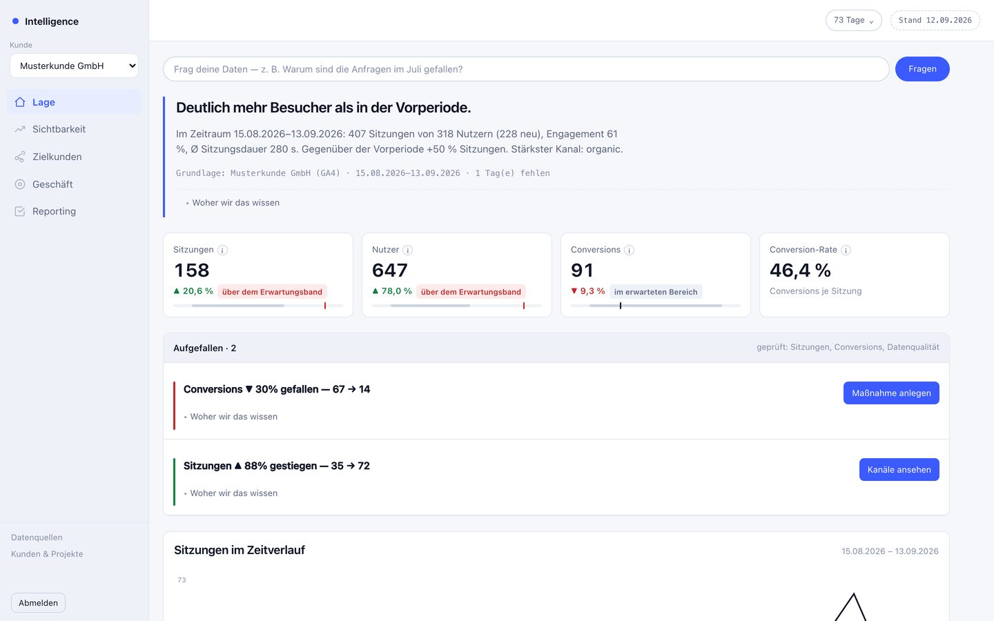VM Intelligence Dashboard: Lage auf einen Blick (Musterdaten)
