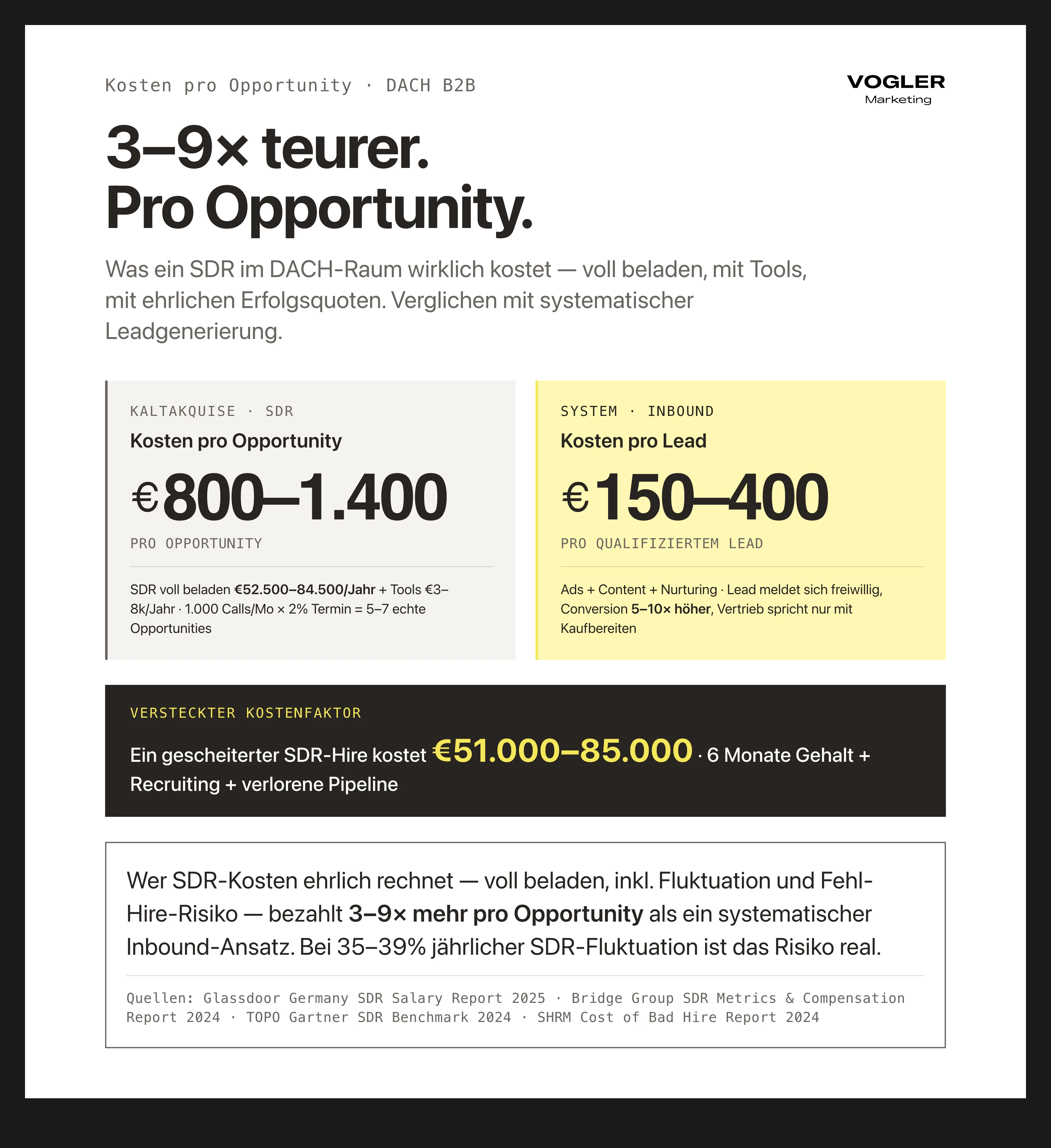 Kosten pro Opportunity DACH B2B: SDR-Kaltakquise 800 bis 1.400 Euro pro Opportunity, systematisches Inbound 150 bis 400 Euro pro qualifiziertem Lead – gescheiterter SDR-Hire kostet 51.000 bis 85.000 Euro.